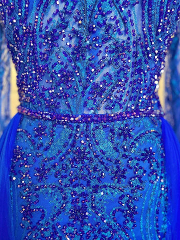 Robe de soirée sirène élégante et luxueuse, style musulman, bleu, avec jupe perlée, pour femmes, modèle LA71891, 2025 