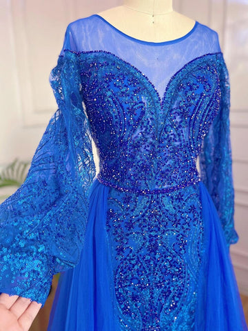 Robe de soirée sirène élégante et luxueuse, style musulman, bleu, avec jupe perlée, pour femmes, modèle LA71891, 2025 