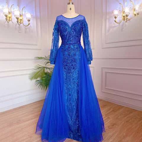 Robe de soirée sirène élégante et luxueuse, style musulman, bleu, avec jupe perlée, pour femmes, modèle LA71891, 2025 