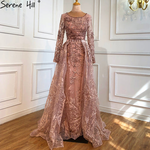 Robe de soirée de luxe musulmane bleue en dentelle et perles, col rond, style sirène, élégante, pour femmes, LA70834, 2025 