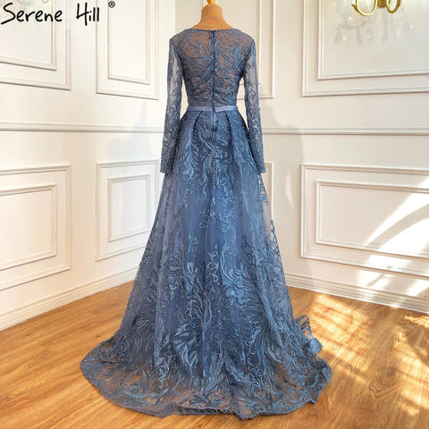 Robe de soirée de luxe musulmane bleue en dentelle et perles, col rond, style sirène, élégante, pour femmes, LA70834, 2025 