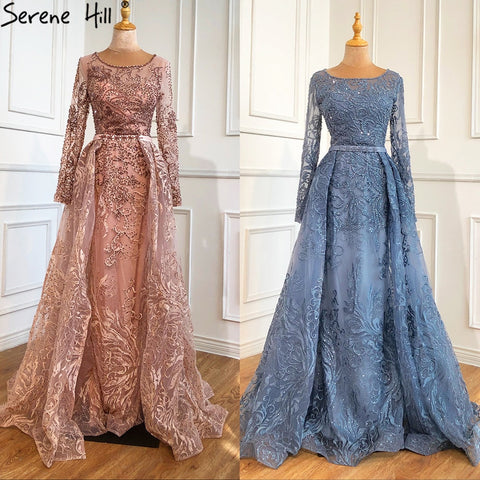 Robe de soirée de luxe musulmane bleue en dentelle et perles, col rond, style sirène, élégante, pour femmes, LA70834, 2025 