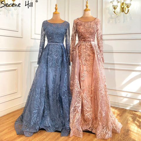 Robe de soirée de luxe musulmane bleue en dentelle et perles, col rond, style sirène, élégante, pour femmes, LA70834, 2025 