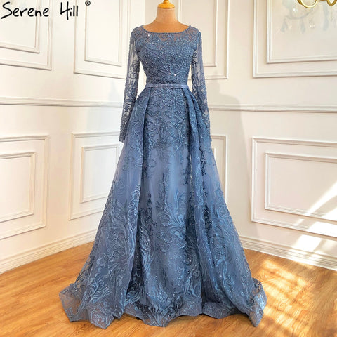 Robe de soirée de luxe musulmane bleue en dentelle et perles, col rond, style sirène, élégante, pour femmes, LA70834, 2025 