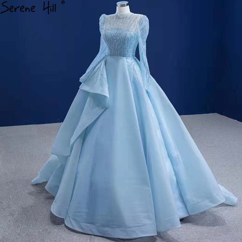 Robe de mariée musulmane bleue à lacets, robe de mariée haut de gamme perlée, HM67392, sur mesure, 2025 