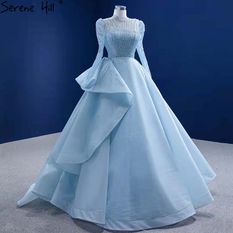 Robe de mariée musulmane bleue à lacets, robe de mariée haut de gamme perlée, HM67392, sur mesure, 2025 