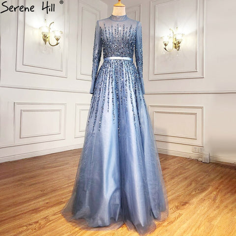 Robe de soirée trapèze de luxe bleue à perles et cristaux pour femmes musulmanes, tenue de soirée de luxe, LA70927H, 2025 