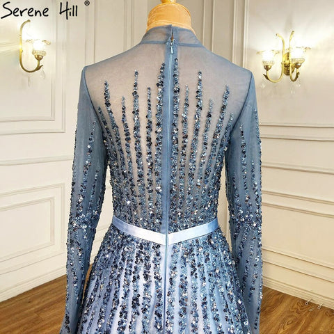Robe de soirée trapèze de luxe bleue à perles et cristaux pour femmes musulmanes, tenue de soirée de luxe, LA70927H, 2025 