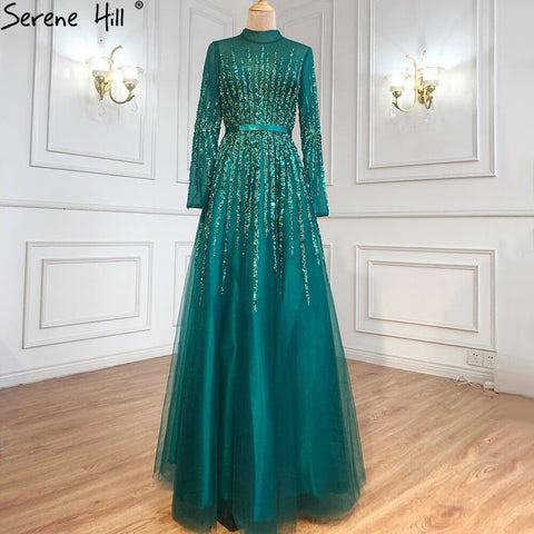Robe de soirée trapèze de luxe bleue à perles et cristaux pour femmes musulmanes, tenue de soirée de luxe, LA70927H, 2025 