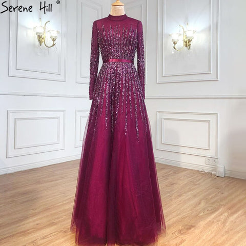 Robe de soirée trapèze de luxe bleue à perles et cristaux pour femmes musulmanes, tenue de soirée de luxe, LA70927H, 2025 