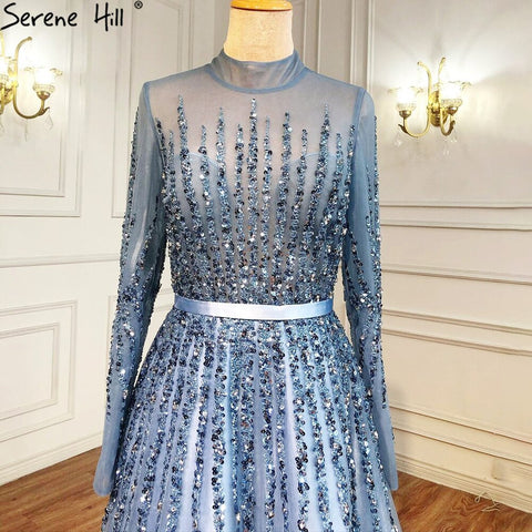 Robe de soirée trapèze de luxe bleue à perles et cristaux pour femmes musulmanes, tenue de soirée de luxe, LA70927H, 2025 