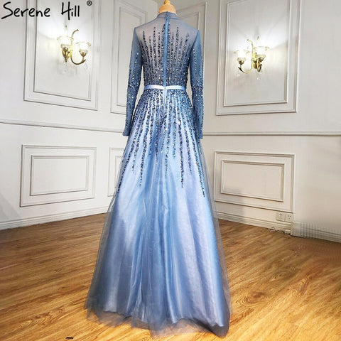 Robe de soirée trapèze de luxe bleue à perles et cristaux pour femmes musulmanes, tenue de soirée de luxe, LA70927H, 2025 