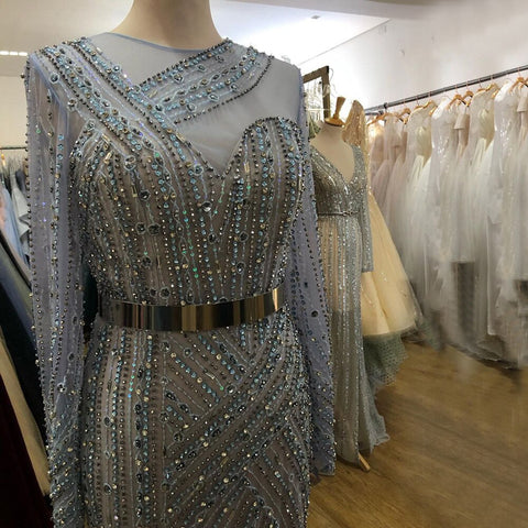 Robe de soirée de luxe bleue style sirène pour femmes musulmanes, élégante, avec ceintures perlées, LA71429, 2025 