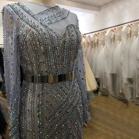 Robe de soirée de luxe bleue style sirène pour femmes musulmanes, élégante, avec ceintures perlées, LA71429, 2025 