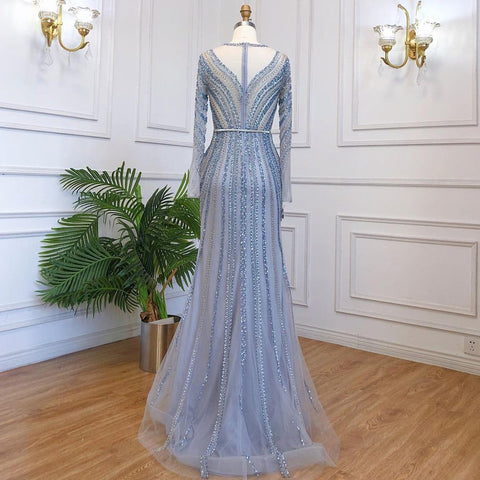 Robe de soirée de luxe bleue style sirène, élégante et perlée, pour femmes musulmanes, modèle LA71374A, 2025 