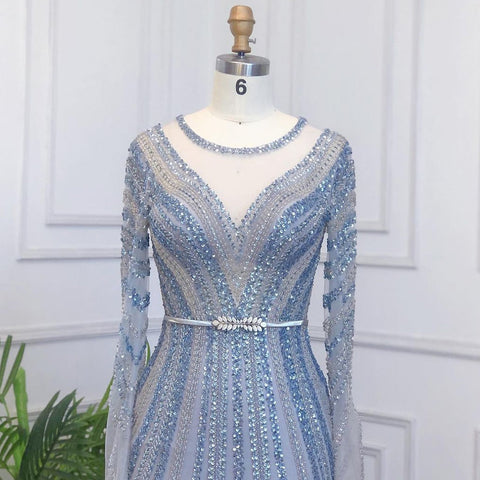 Robe de soirée de luxe bleue style sirène, élégante et perlée, pour femmes musulmanes, modèle LA71374A, 2025 