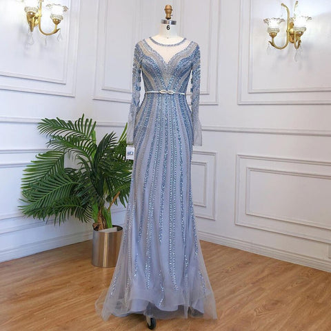 Robe de soirée de luxe bleue style sirène, élégante et perlée, pour femmes musulmanes, modèle LA71374A, 2025 