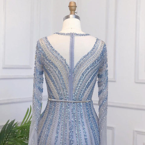 Robe de soirée de luxe bleue style sirène, élégante et perlée, pour femmes musulmanes, modèle LA71374A, 2025 