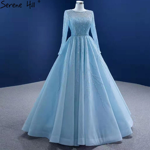Robe de mariée musulmane de luxe bleue, robe de mariée haut de gamme à lacets et perles, HM67395, sur mesure, 2025 