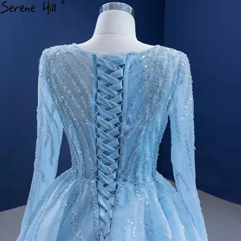 Robe de mariée musulmane de luxe bleue, robe de mariée haut de gamme à lacets et perles, HM67395, sur mesure, 2025 