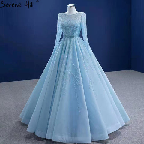 Robe de mariée musulmane de luxe bleue, robe de mariée haut de gamme à lacets et perles, HM67395, sur mesure, 2025 