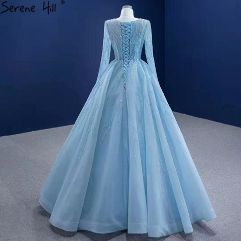 Robe de mariée musulmane de luxe bleue, robe de mariée haut de gamme à lacets et perles, HM67395, sur mesure, 2025 