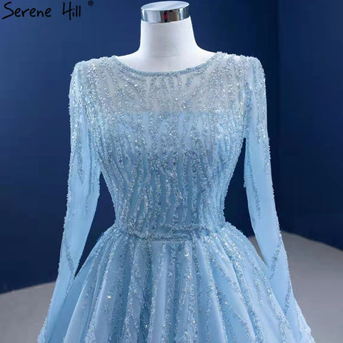 Robe de mariée musulmane de luxe bleue, robe de mariée haut de gamme à lacets et perles, HM67395, sur mesure, 2025 