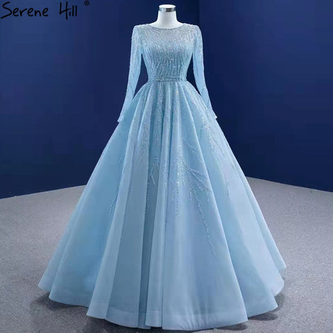 Robe de mariée musulmane de luxe bleue, robe de mariée haut de gamme à lacets et perles, HM67395, sur mesure, 2025 