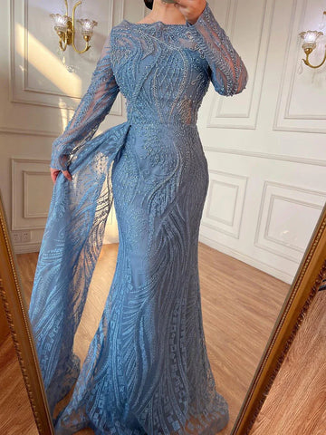 Luxury Dubai Blue Mermaid Muslim Evening Dress Overskirt Long Sleeve LA71829