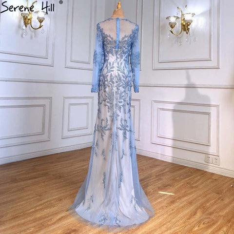 Robe de soirée sirène bleue musulmane, luxueuse et élégante, ornée de perles, pour femme, LA71479, 2025 