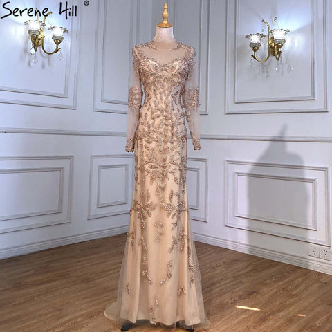 Robe de soirée sirène bleue musulmane, luxueuse et élégante, ornée de perles, pour femme, LA71479, 2025 