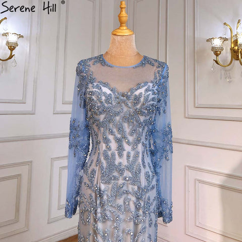 Robe de soirée sirène bleue musulmane, luxueuse et élégante, ornée de perles, pour femme, LA71479, 2025 