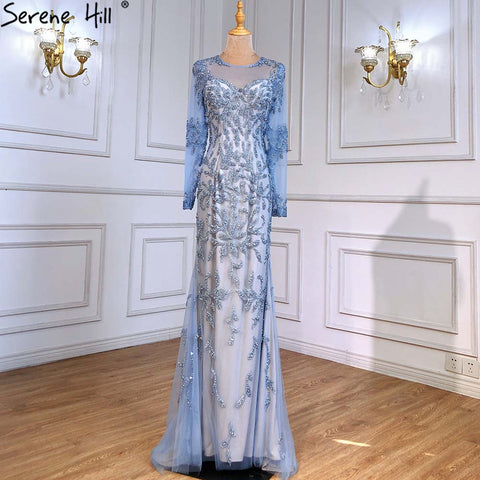 Robe de soirée sirène bleue musulmane, luxueuse et élégante, ornée de perles, pour femme, LA71479, 2025 