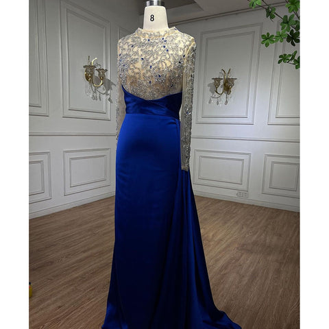 Robe de soirée longue et élégante de style sirène bleu, luxueuse, perlée, style arabe, pour femmes, tenue de mariage, 2025, LA72107 