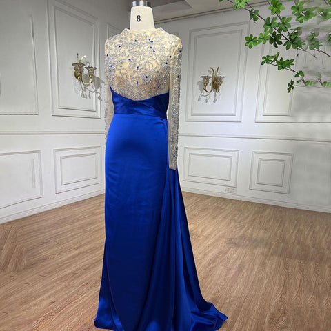 Robe de soirée longue et élégante de style sirène bleu, luxueuse, perlée, style arabe, pour femmes, tenue de mariage, 2025, LA72107 