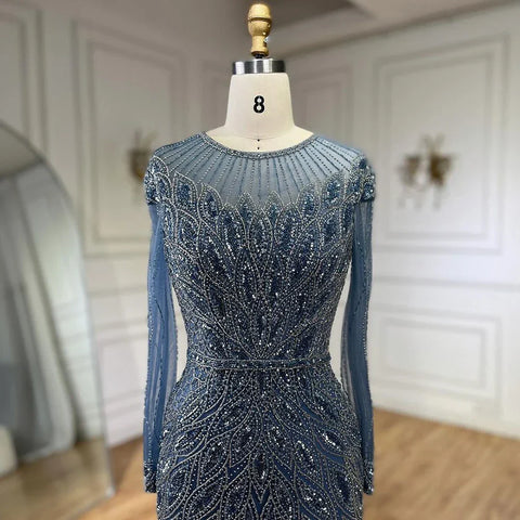 Robe de soirée longue style sirène bleu musulman, luxueuse, perlée, style Dubaï, pour femmes, pour mariage, 2025, LA71999L 