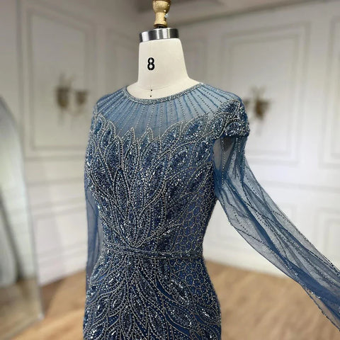 Robe de soirée longue style sirène bleu musulman, luxueuse, perlée, style Dubaï, pour femmes, pour mariage, 2025, LA71999L 