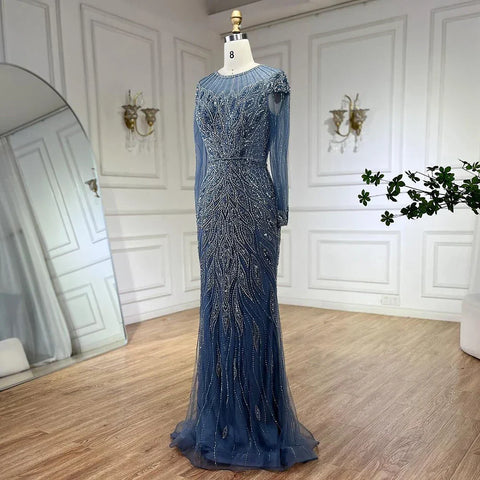 Robe de soirée longue style sirène bleu musulman, luxueuse, perlée, style Dubaï, pour femmes, pour mariage, 2025, LA71999L 