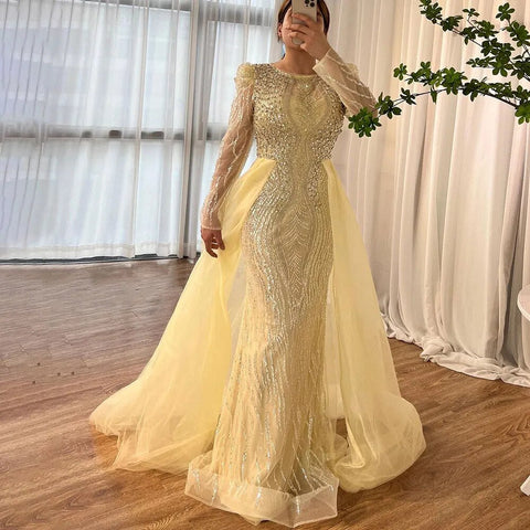 Robe de soirée sirène bleue musulmane avec jupe, perles, épaules bouffantes, robe de soirée formelle pour femmes, 2025, LA72030 