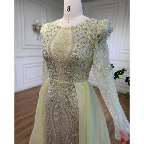 Robe de soirée sirène bleue musulmane avec jupe, perles, épaules bouffantes, robe de soirée formelle pour femmes, 2025, LA72030 