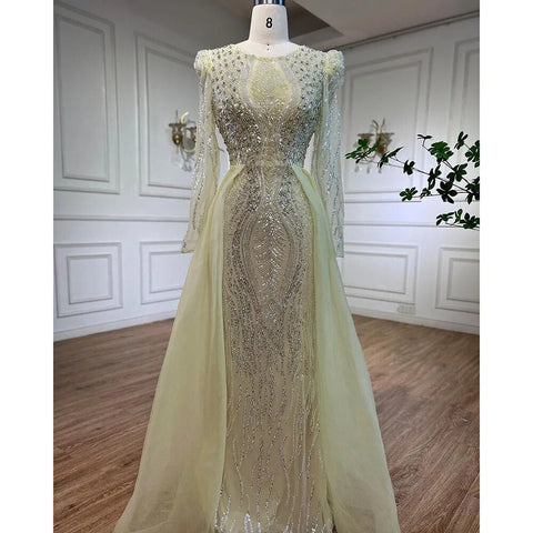 Robe de soirée sirène bleue musulmane avec jupe, perles, épaules bouffantes, robe de soirée formelle pour femmes, 2025, LA72030 