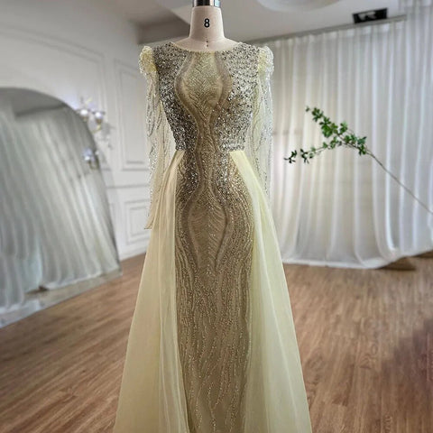 Robe de soirée sirène bleue musulmane avec jupe, perles, épaules bouffantes, robe de soirée formelle pour femmes, 2025, LA72030 