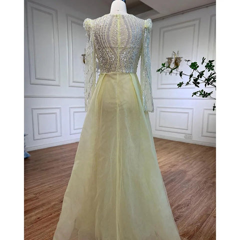 Robe de soirée sirène bleue musulmane avec jupe, perles, épaules bouffantes, robe de soirée formelle pour femmes, 2025, LA72030 