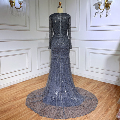 Robe de soirée de luxe style sirène bleu musulman, paillettes scintillantes et perles, pour femmes, fête de mariage, 2025, LA71486 