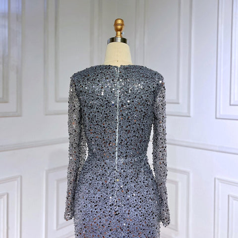 Robe de soirée de luxe style sirène bleu musulman, paillettes scintillantes et perles, pour femmes, fête de mariage, 2025, LA71486 