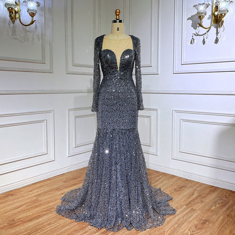 Robe de soirée de luxe style sirène bleu musulman, paillettes scintillantes et perles, pour femmes, fête de mariage, 2025, LA71486 