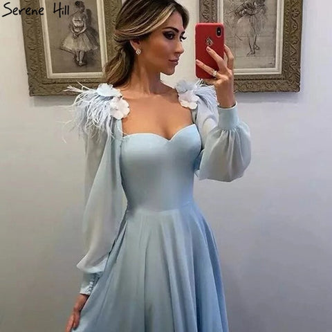 Robe de soirée musulmane bleue simple, en mousseline de soie, plumes d'autruche, coupe trapèze, pour femmes, HA2217, 2025 