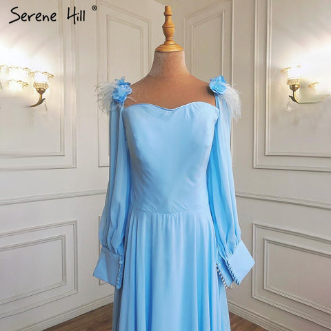 Robe de soirée musulmane bleue simple, en mousseline de soie, plumes d'autruche, coupe trapèze, pour femmes, HA2217, 2025 