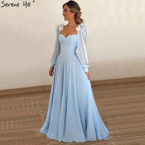 Robe de soirée musulmane bleue simple, en mousseline de soie, plumes d'autruche, coupe trapèze, pour femmes, HA2217, 2025 