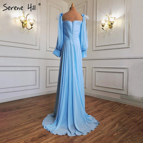 Robe de soirée musulmane bleue simple, en mousseline de soie, plumes d'autruche, coupe trapèze, pour femmes, HA2217, 2025 